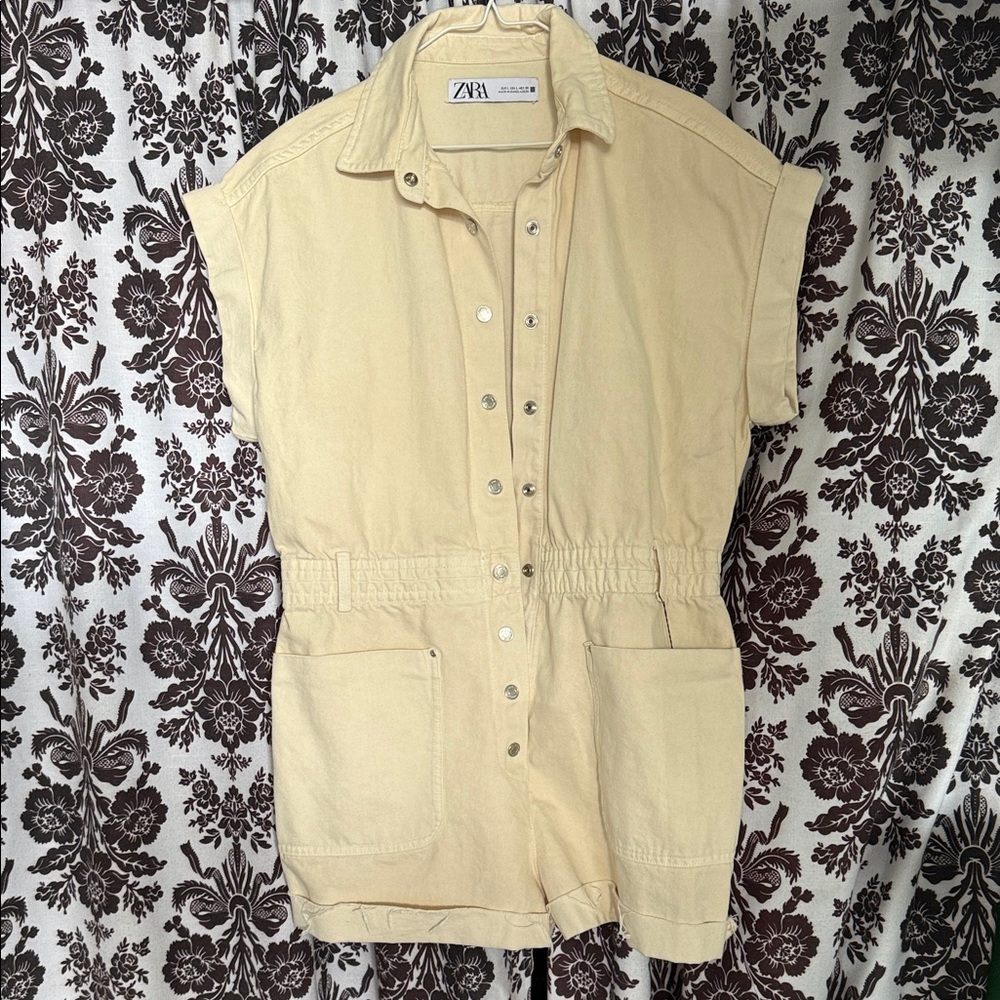 Zara Cream Short-Sleeve Button-Up Romper